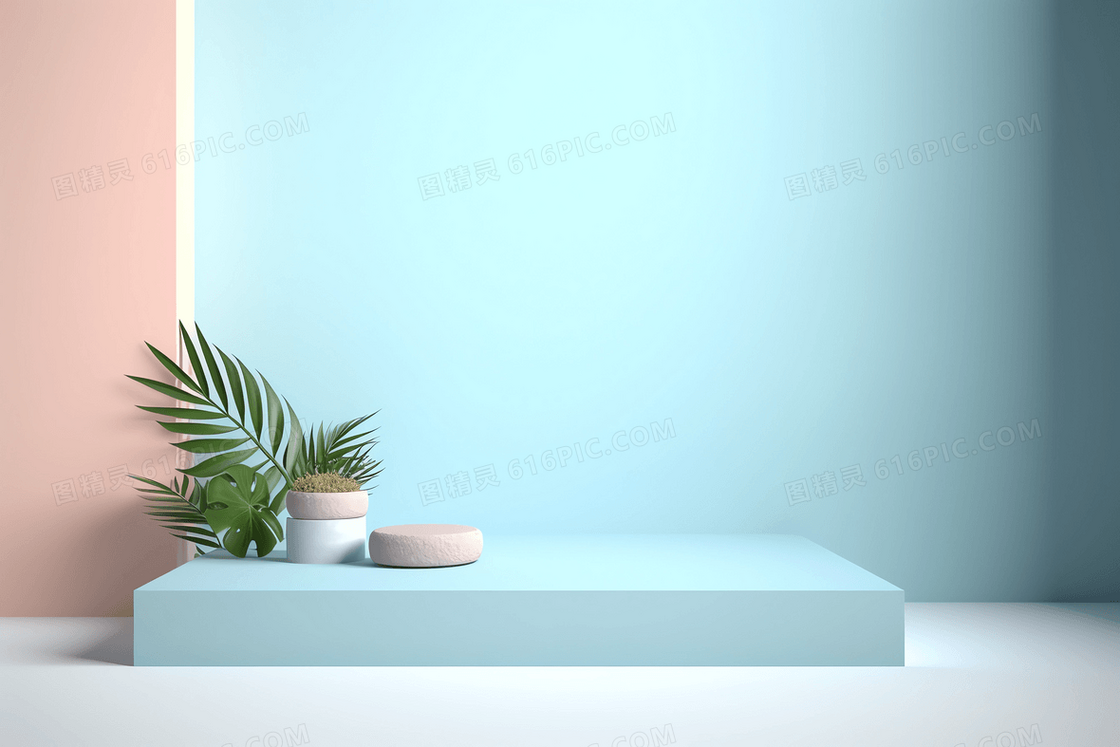 唯美清新马卡龙色系蓝色电商展台C4D模型背景