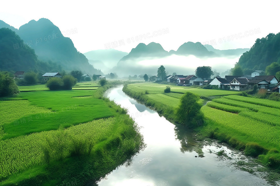 坐落在山脚下的古风建筑的村庄