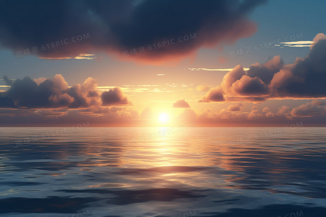 平静的海面上照射着唯美的日出