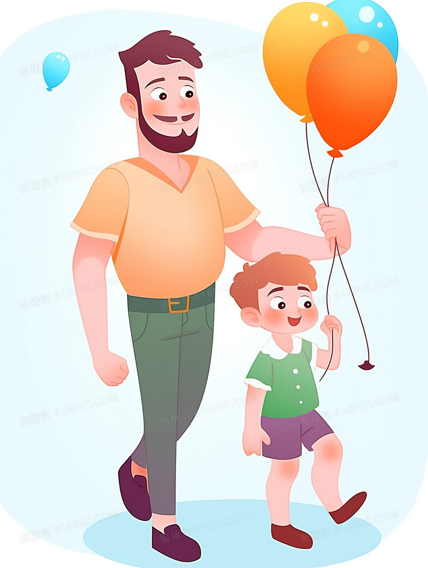 卡通爸爸拿着气球跟儿子开心的走着