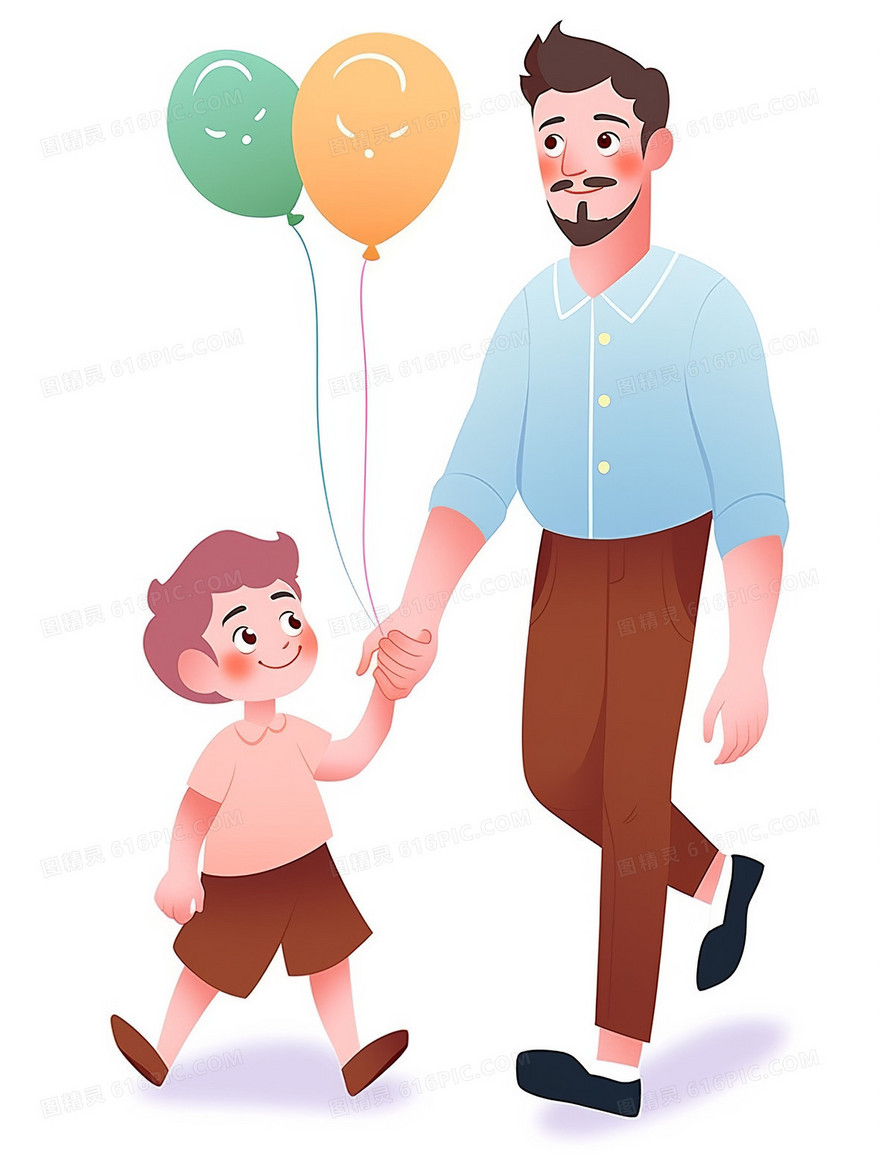 卡通爸爸和儿子牵手拿着气球