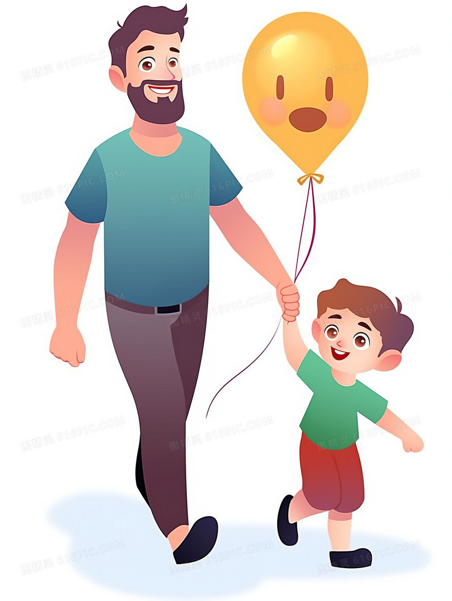 卡通爸爸和孩子开心的牵着手拿着气球