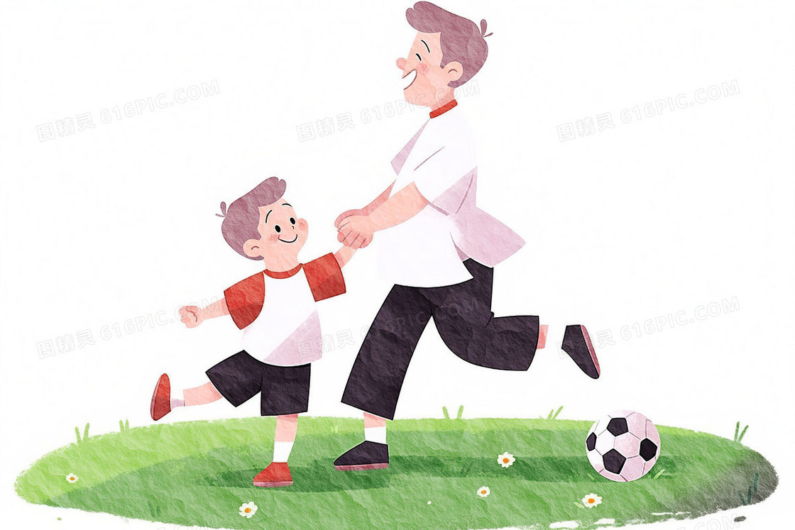 卡通爸爸和儿子手牵手在开心的踢足球