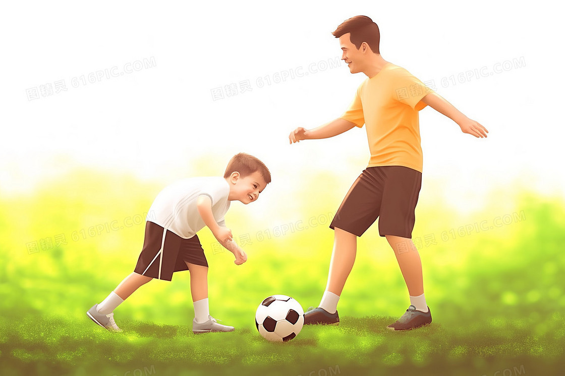 卡通爸爸和儿子在操场上开心的踢足球