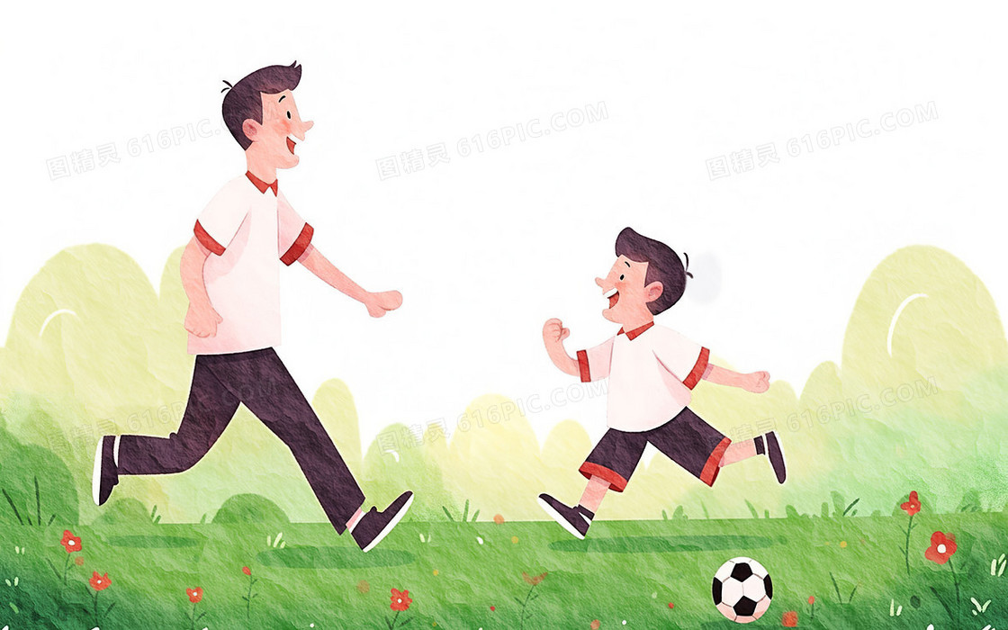 卡通爸爸和儿子大笑着在一起踢足球