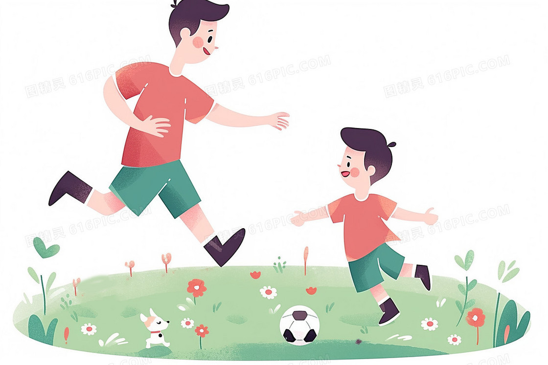卡通爸爸和儿子在郊外的草地上开心的踢足球