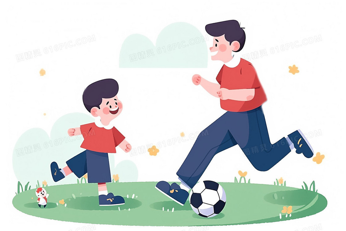 卡通在草地上开心的踢球的父子