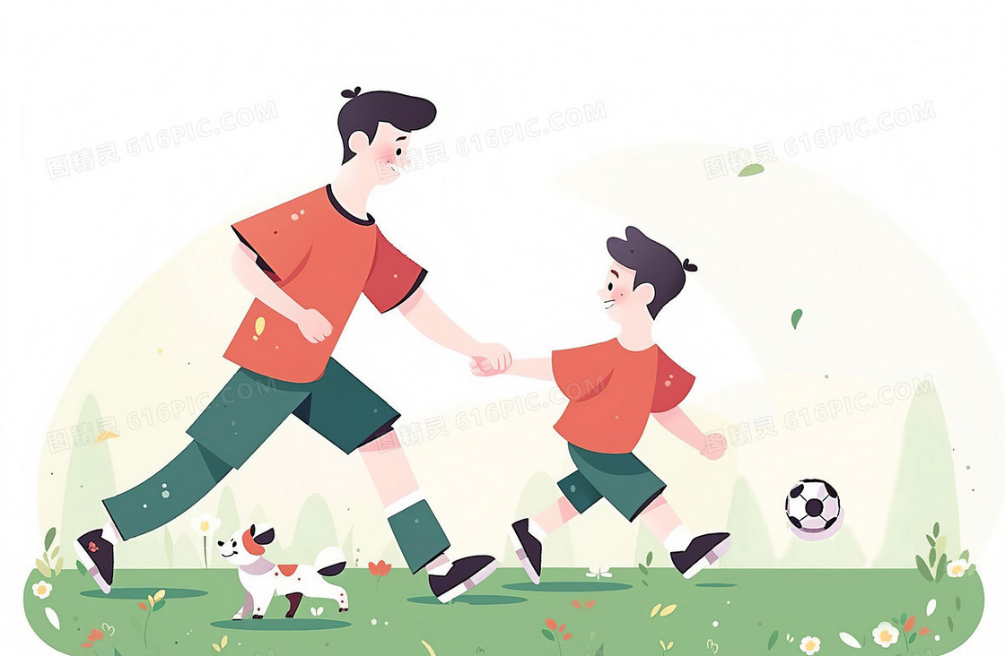 卡通风爸爸和儿子在开心的踢足球