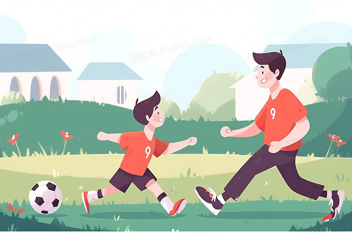 卡通爸爸和儿子在草地上开心的踢足球
