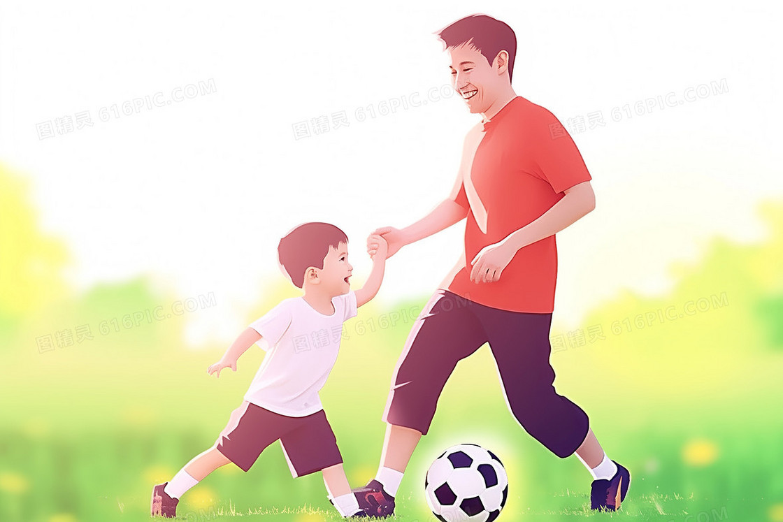 卡通爸爸在陪儿子踢足球