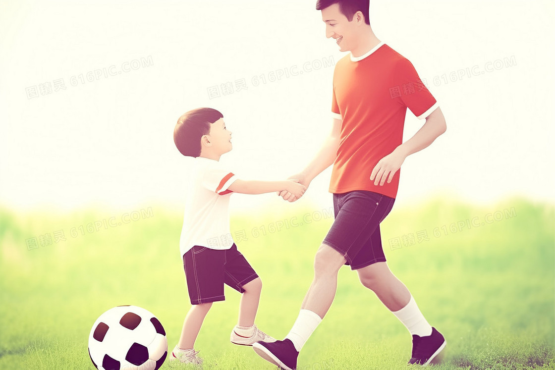 卡通爸爸和儿子牵着手在开心的踢足球