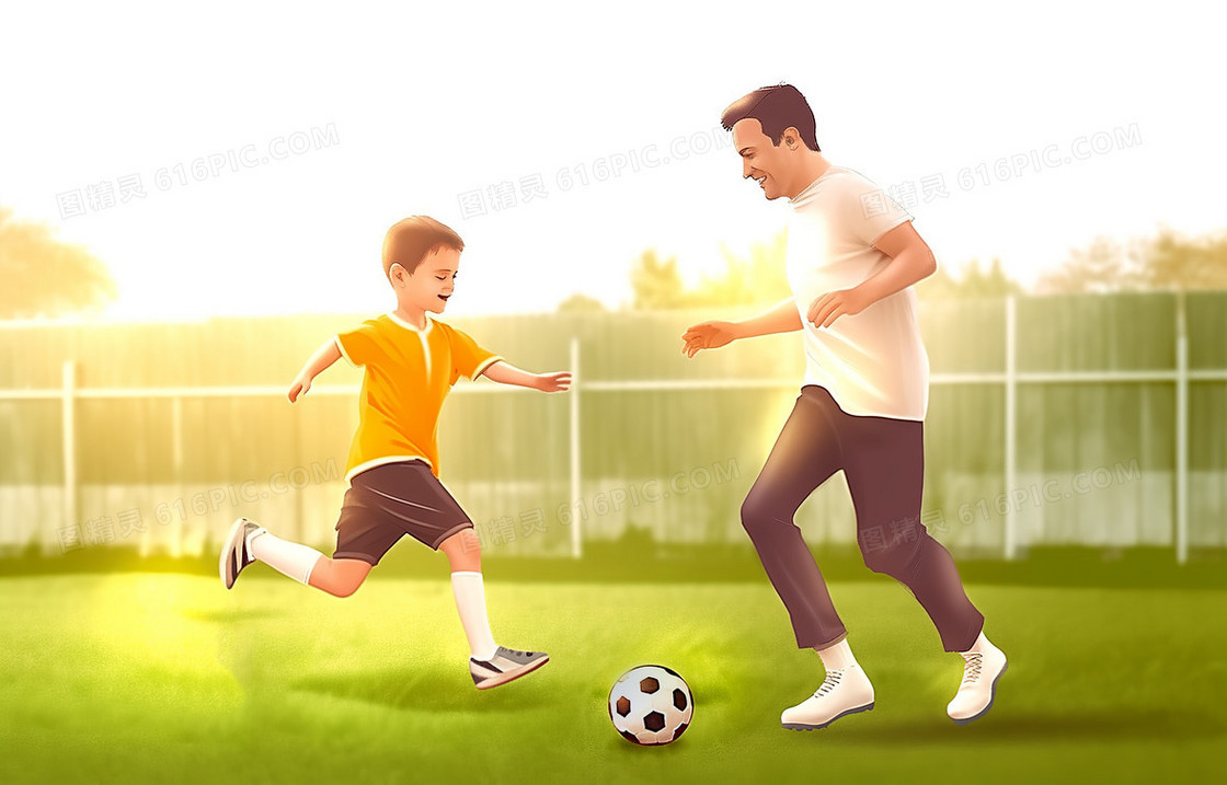 卡通爸爸和儿子在足球场开心的踢足球