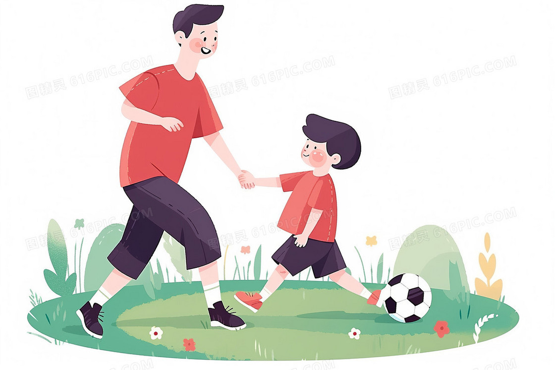 穿红色球衣的爸爸和儿子在踢足球