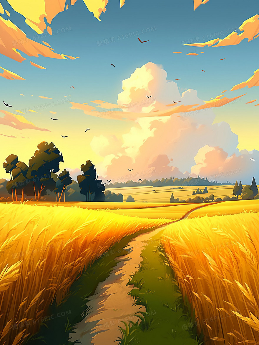 唯美的天空和金色的稻田小路