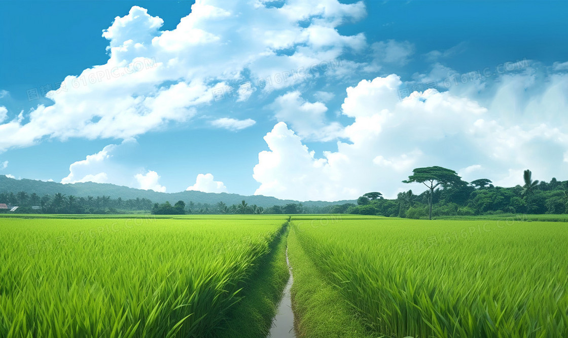 蓝天白云和绿色的稻田小路