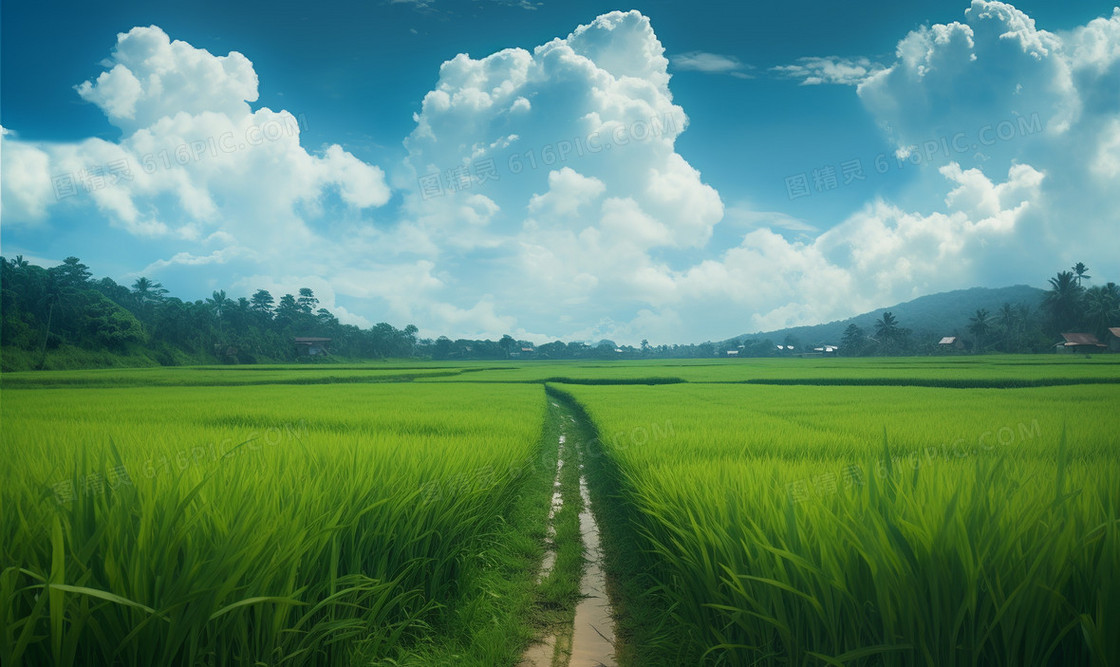 清新风蓝天白云和绿色的稻田小路