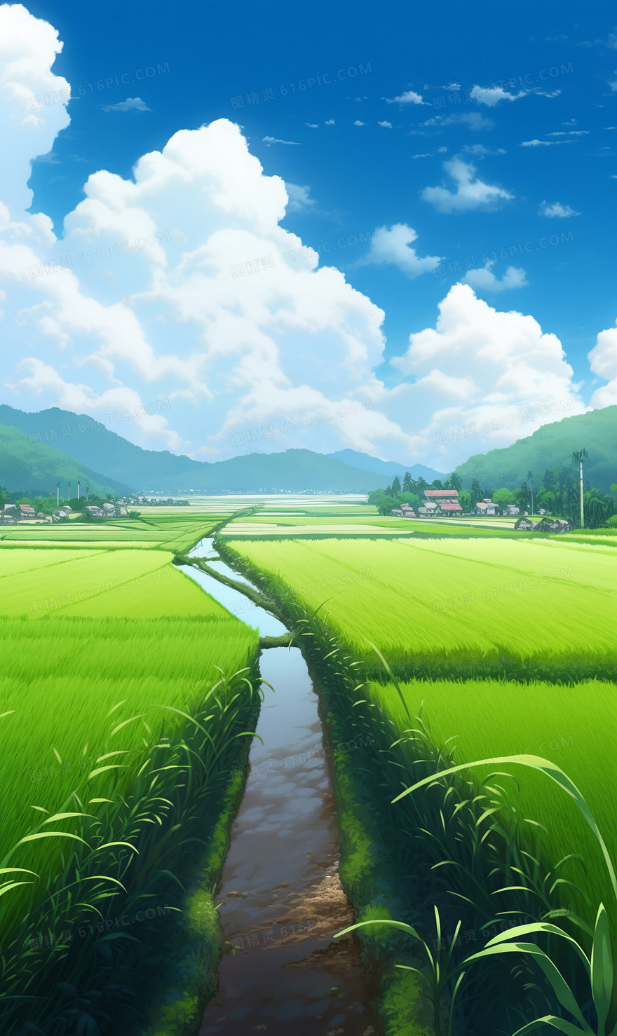 竖版整齐的绿色稻田和蓝天白云