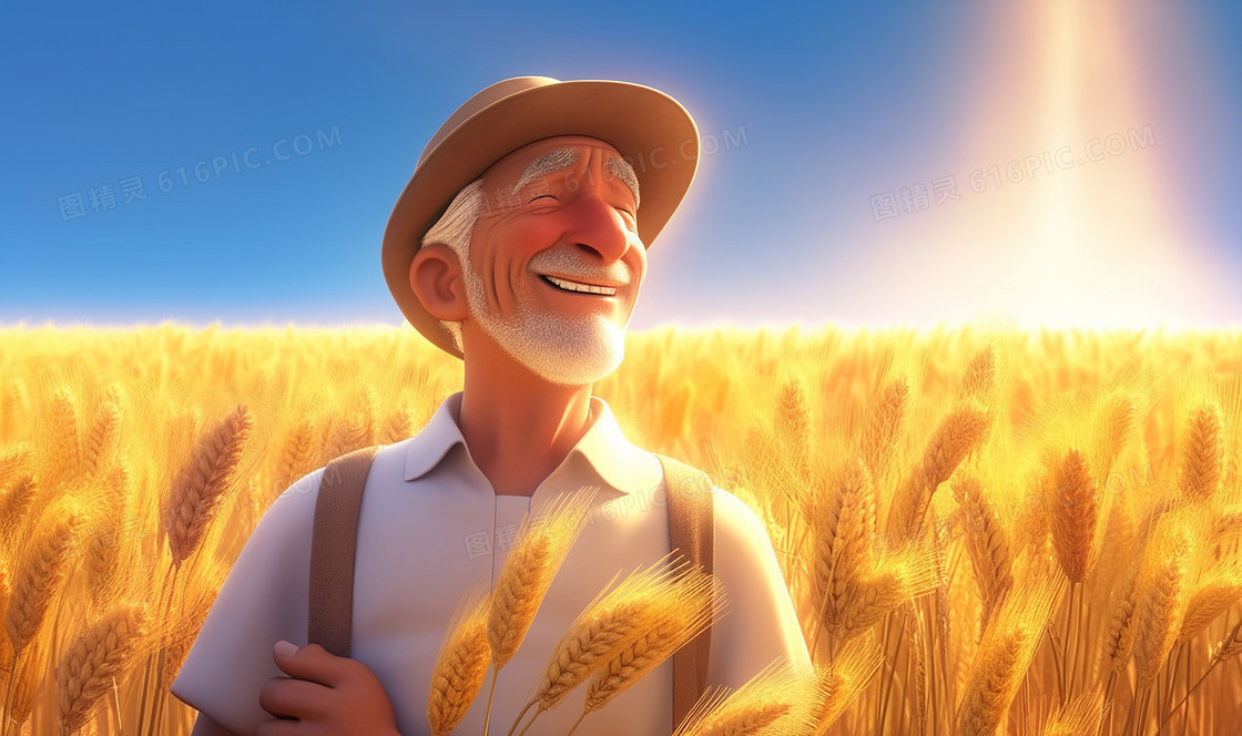 带牛仔帽的农民伯伯在金色的麦田里笑得很开心