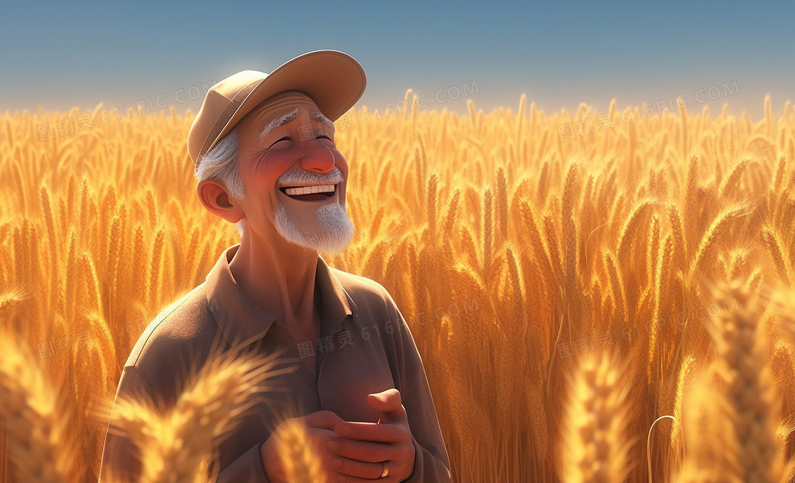 农民伯伯在金色的麦田里笑得特别开心