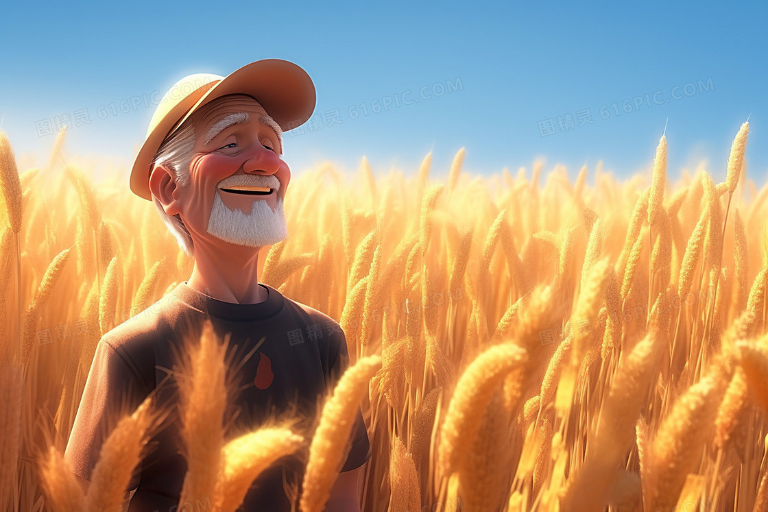 农民伯伯在金色的麦田里笑得很开心