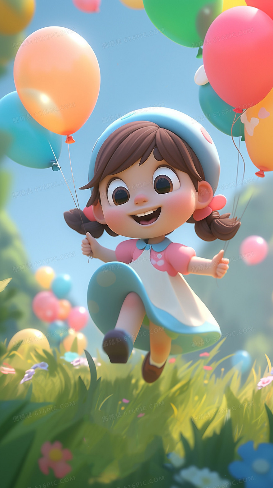 可爱的小女孩拿着彩色的气球开心的跳跃在草坪上