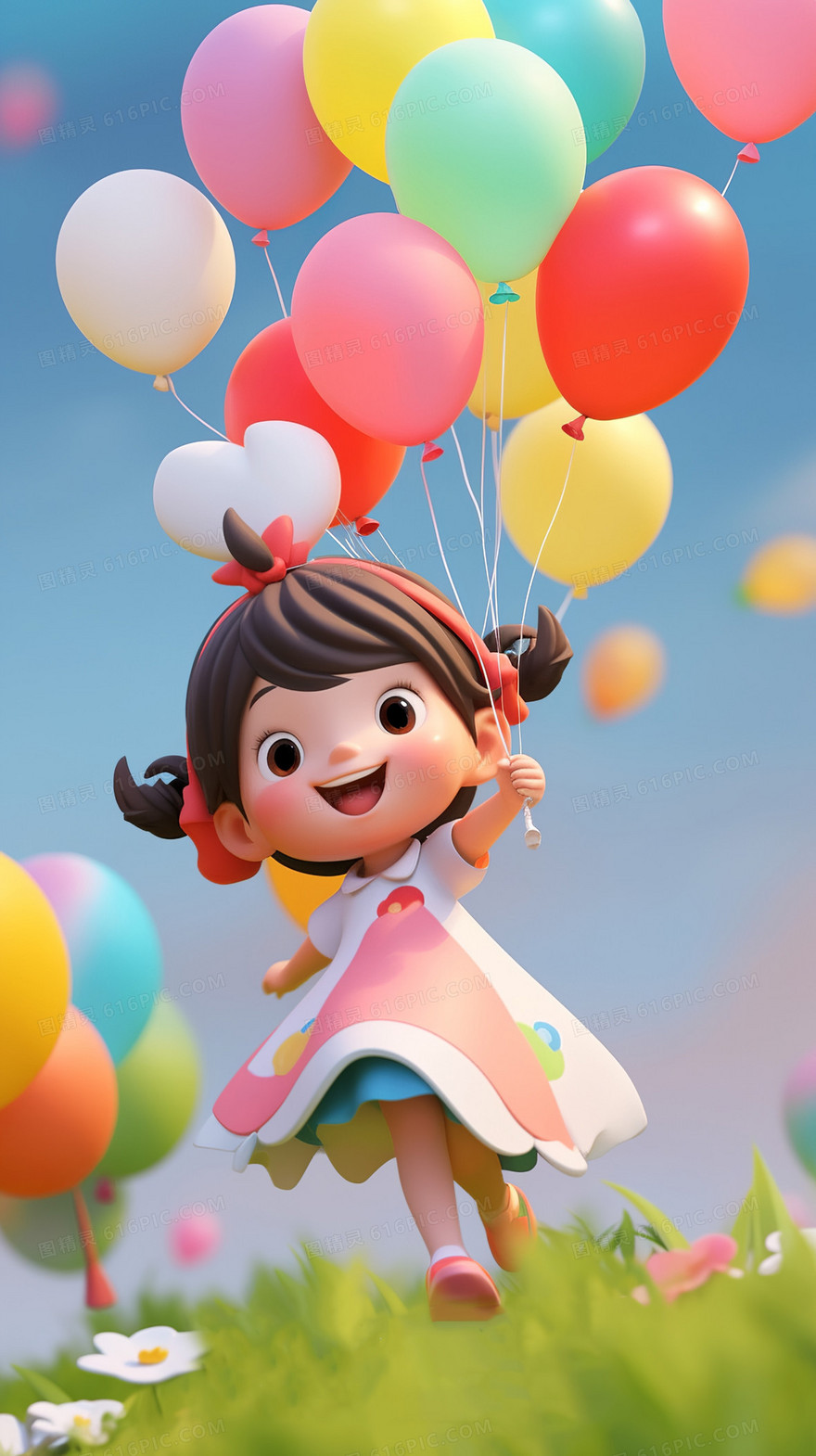 可爱的小女孩拿着彩色的气球开心的跑向前方