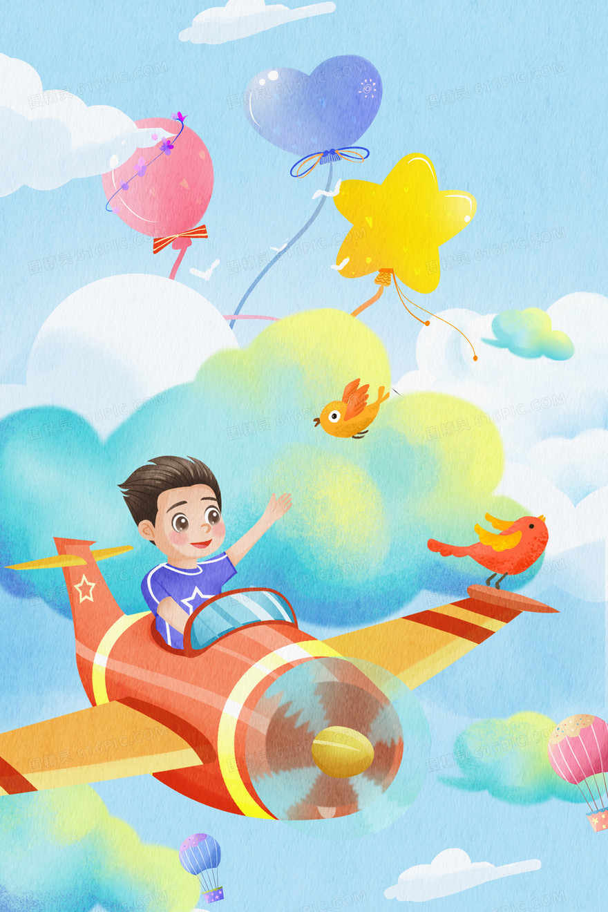 儿童节飞机天空云朵插画