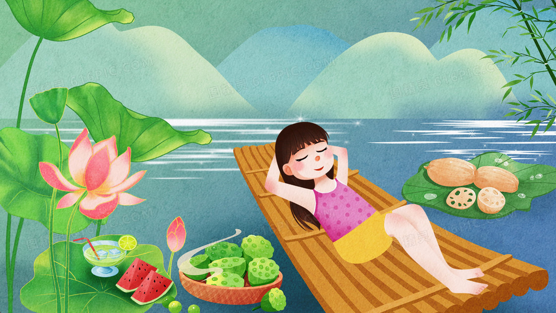 大暑荷花塘女孩乘船纳凉插画