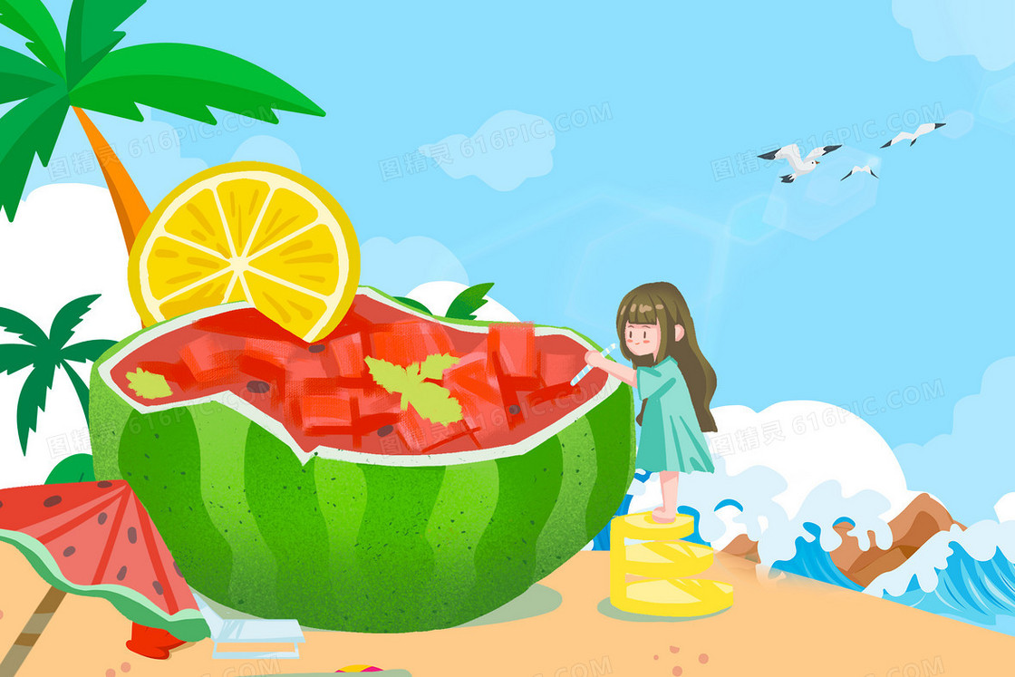 夏季清凉西瓜避暑防晒插画