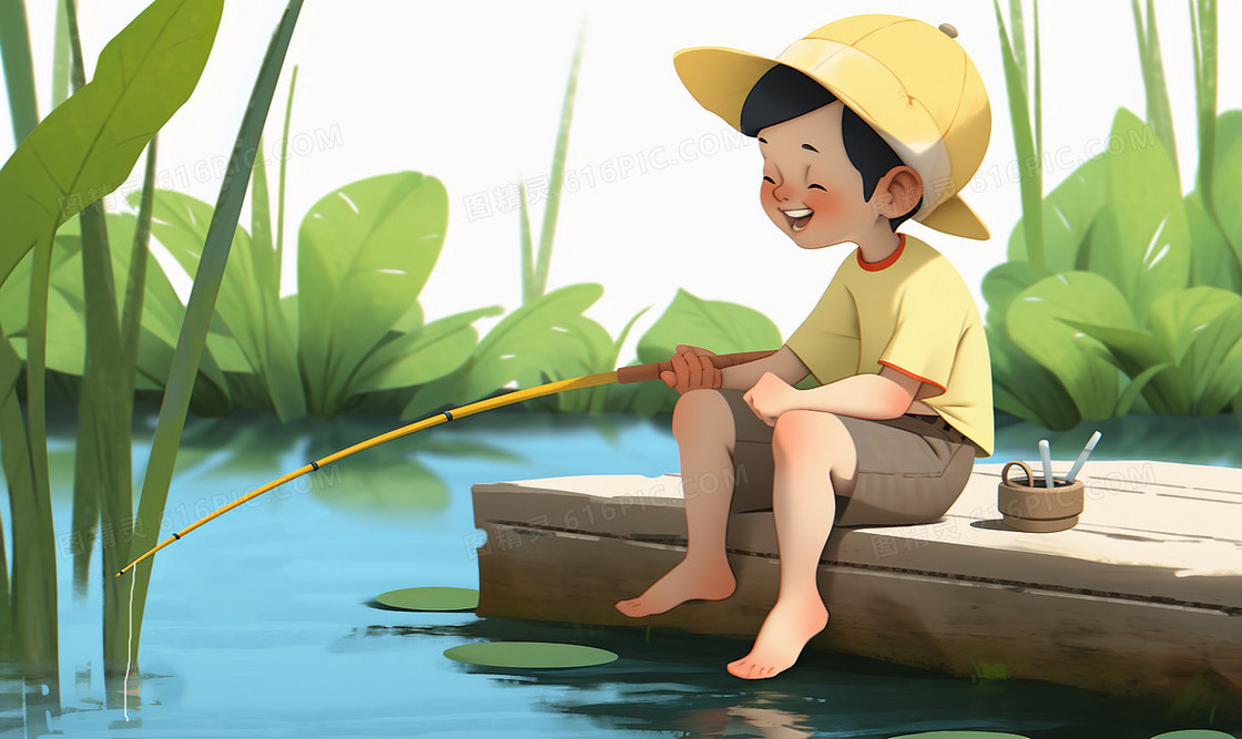 一个戴帽子的小男孩在河边笑着钓鱼