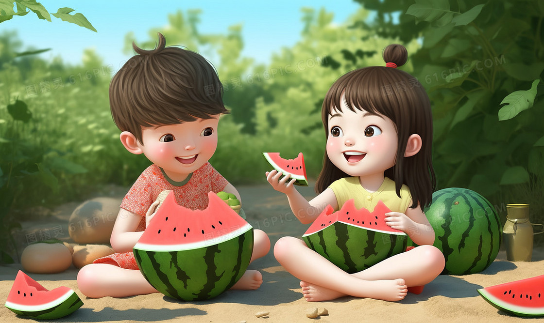 扎丸子头的可爱女孩和男孩坐在院子里开心的吃西瓜