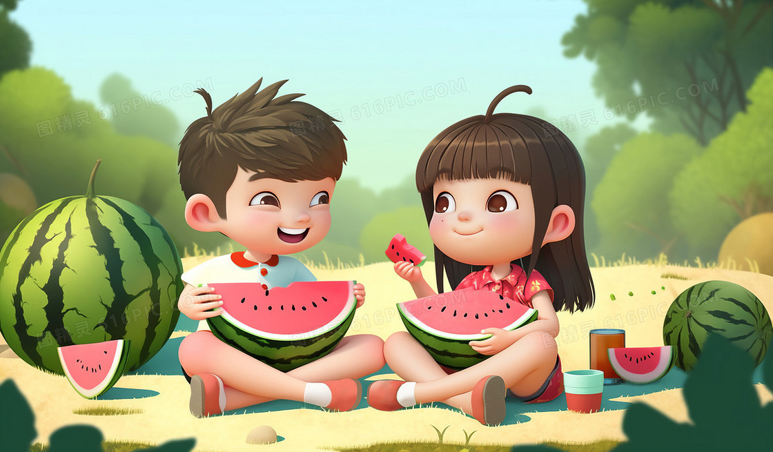 可爱的女孩和男孩坐在草地上开心的吃西瓜