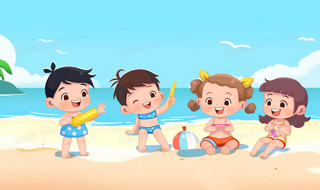 炎热夏天4个可爱的小朋友在沙滩上开心的玩耍