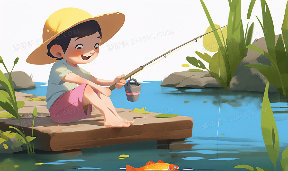 一个小男孩在河边开心的钓鱼