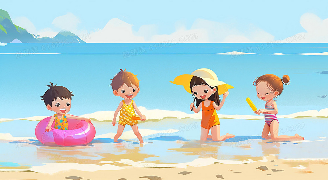 炎热夏天4个可爱的小朋友在海边开心的玩水