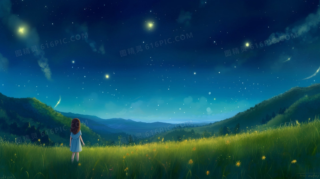 眺望夜空的可爱小女孩唯美插画