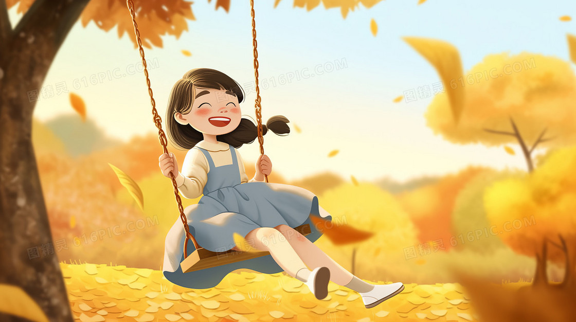 秋天公园里可爱的女孩开心的荡秋千