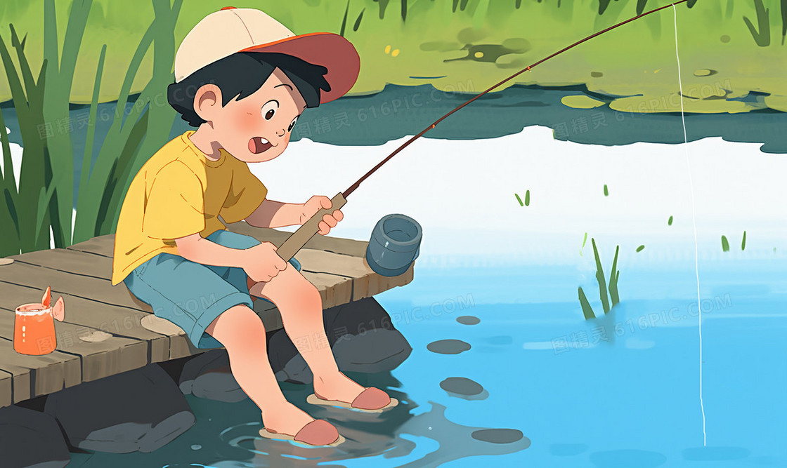 一个戴帽子的男孩在河边开心的钓鱼