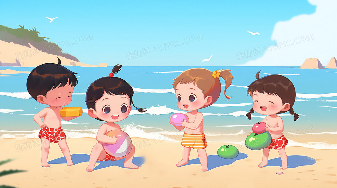 炎热夏天4个可爱的小朋友在海边开心的玩耍