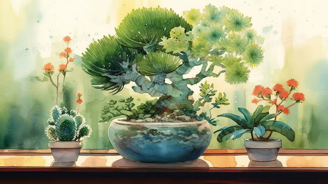 窗户边三盆盆景植物水彩插画