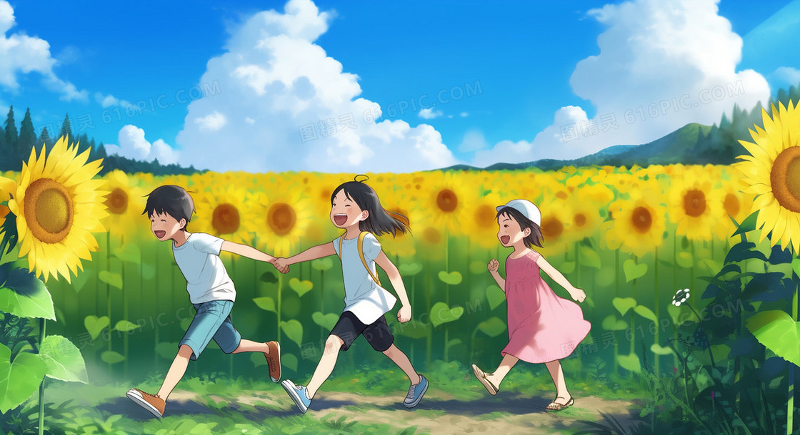 孩子们在美丽的向日葵花海前奔跑图片