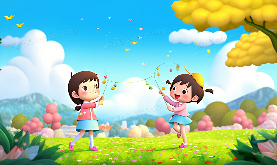 超级可爱的男孩女孩在草坪上开心的玩游戏创意插图