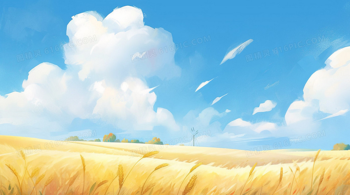 秋季的金色的麦田和蓝天白云