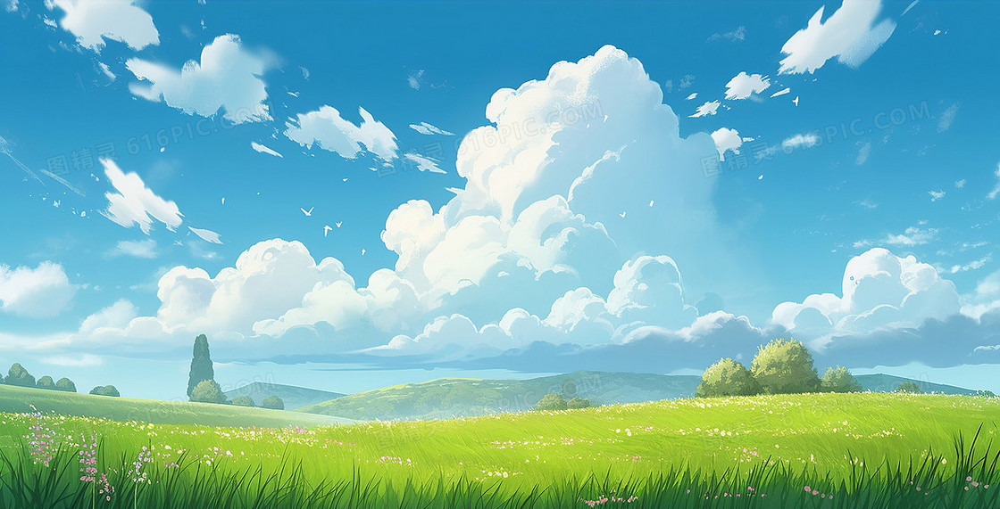 卡通唯美蓝天白云下的青草地