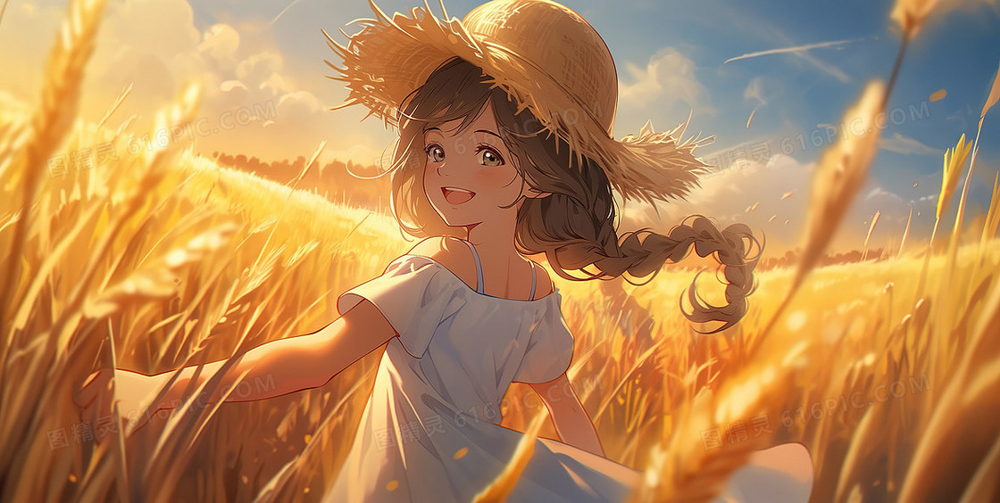 小女孩开心的站在秋季金色的麦田中