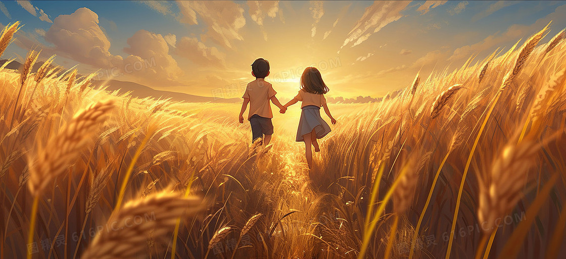 卡通唯美两个小朋友牵手走在金色的麦田中