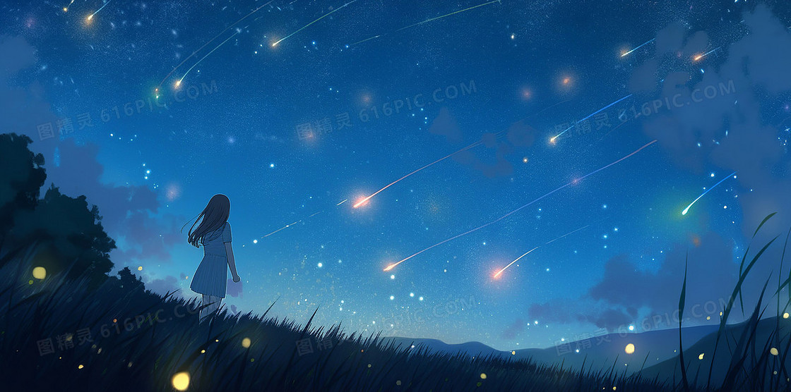 梦幻唯美蓝色看流星的小女孩