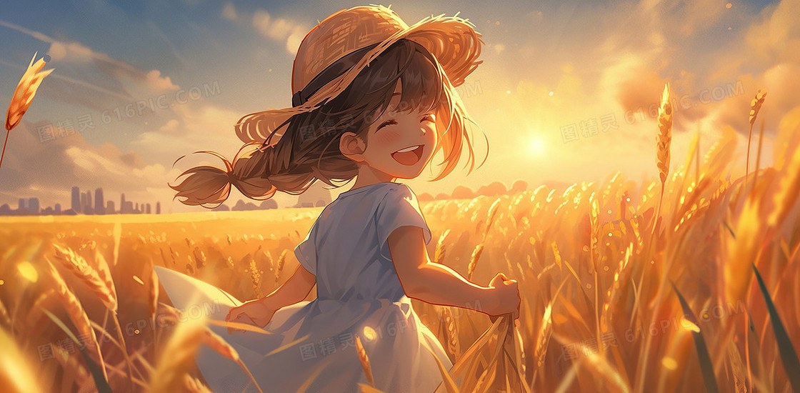 戴草帽的可爱小女孩站在金色的麦田中