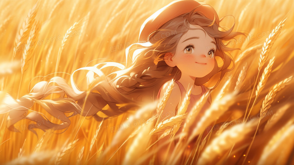 卡通唯美秋季金色的麦田里有一个小女孩