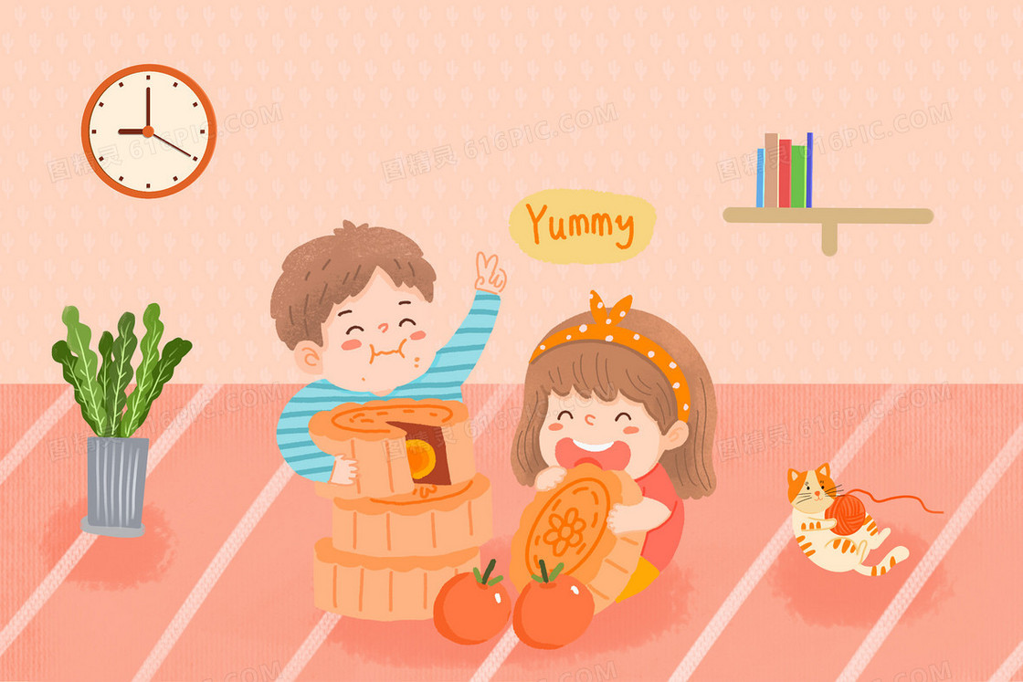 中秋节孩子吃月饼卡通插画